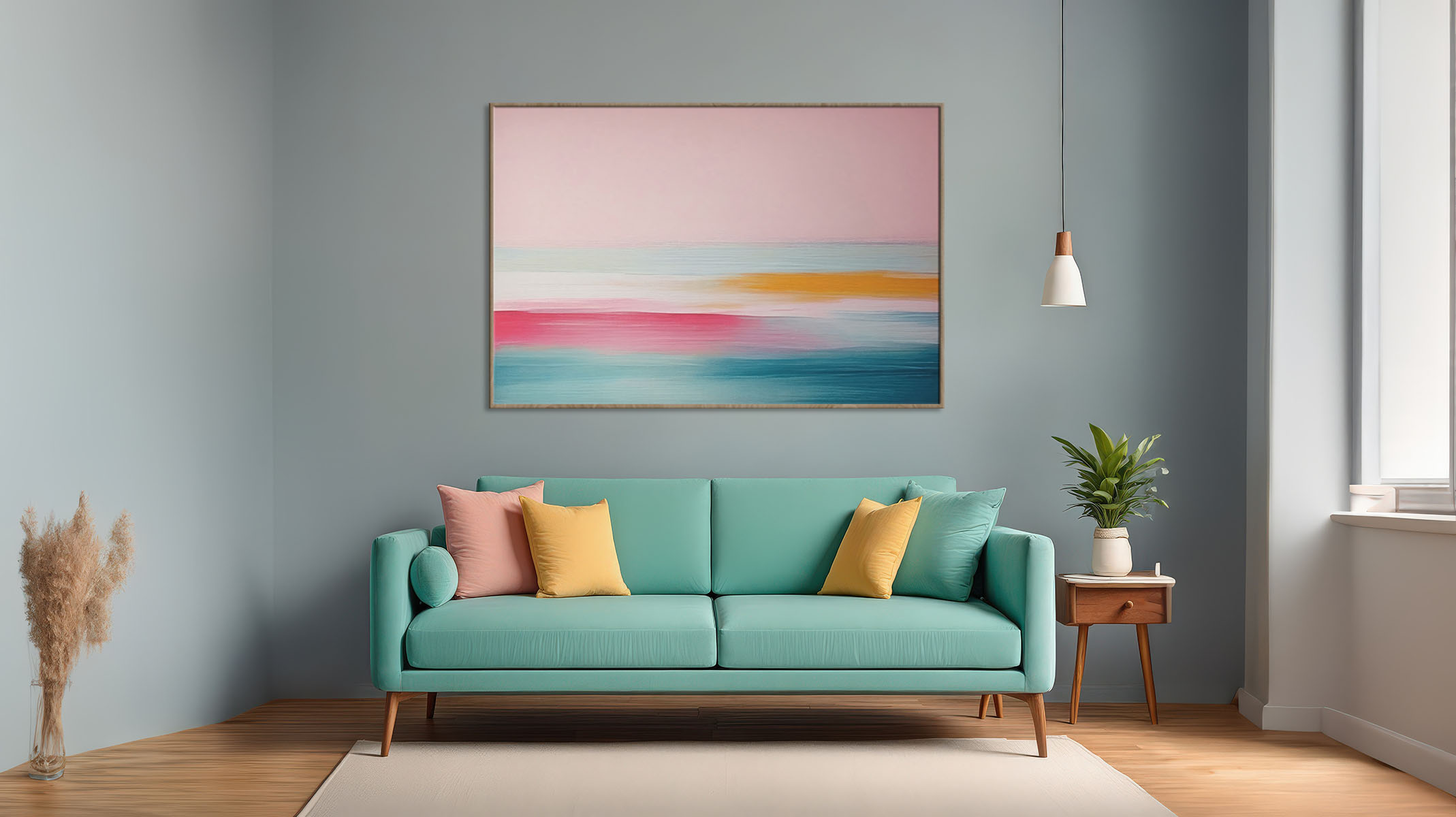 SOFT COLORED ABSTRACT ART SLEEK WOOD FINISH FRAME-116632-A